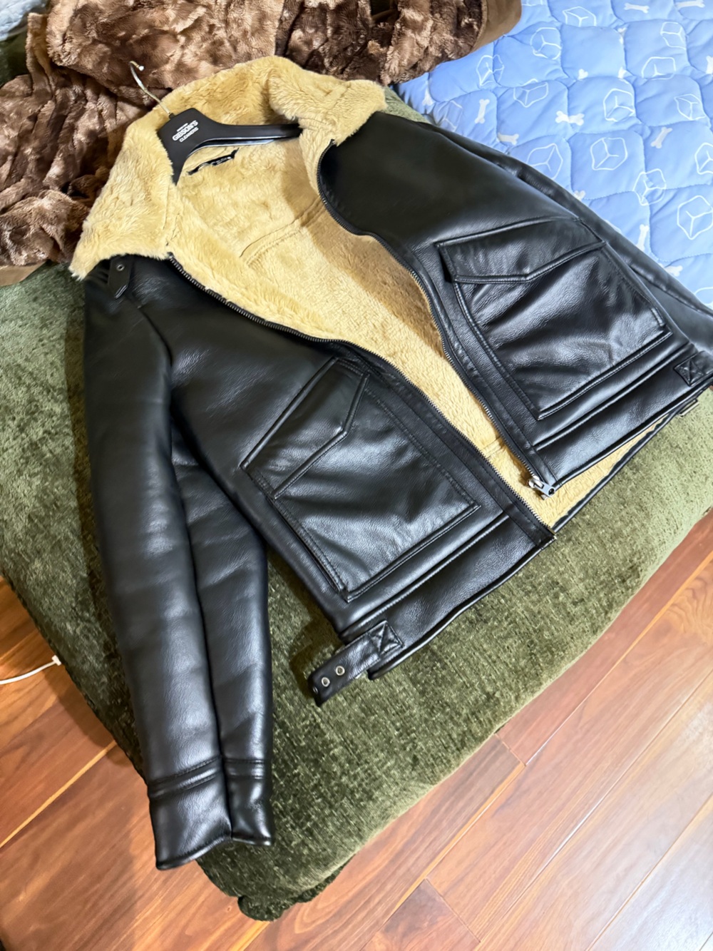 Zara MEN L Black Leather Jacket with Tan Faux Shearling Lining USED ONCE